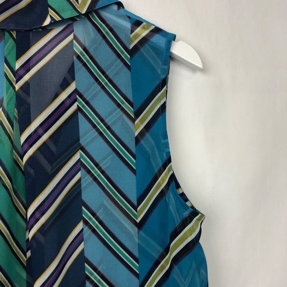 CAbi Blue Multi Diagonal Stripe Collared Sleeveless Blouse Size Medium - Picture 13 of 14